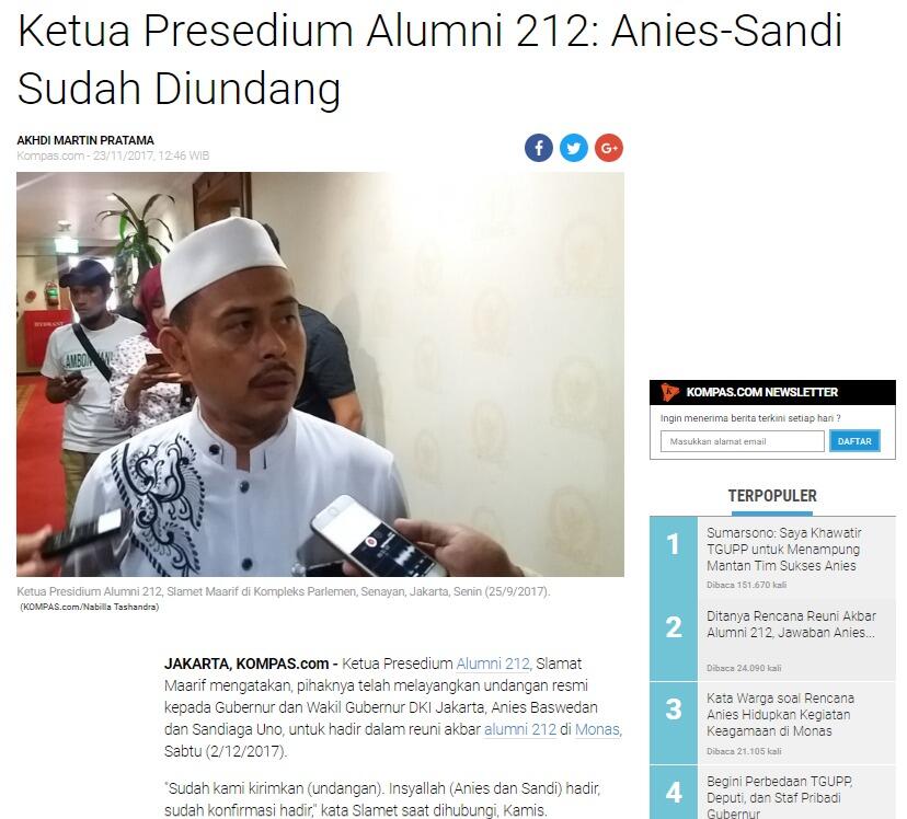 Anies-Sandi Mengaku Belum Dapat Undangan Hadiri Reuni Akbar 212 di Monas