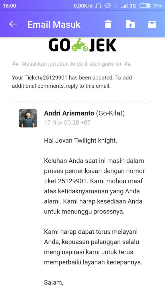 Karena belum ada tanggapan dari abang gojek dan tokped