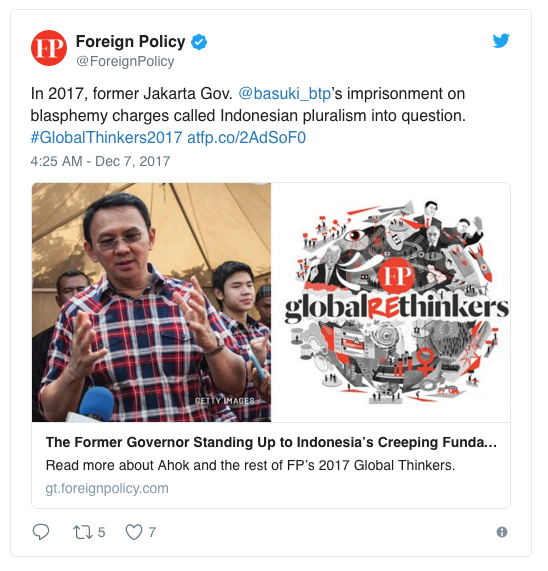 Ahok Masuk Jajaran "Para Pemikir Dunia"
