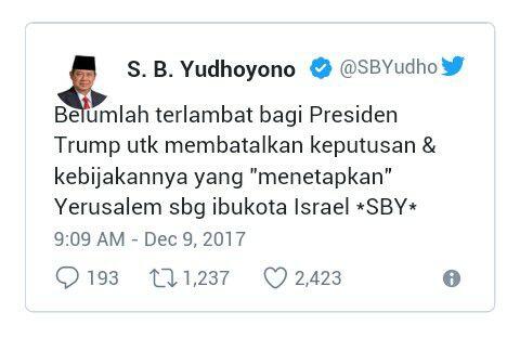 SBY: Trump Belum Terlambat Batalkan Keputusan Soal Yerusalem