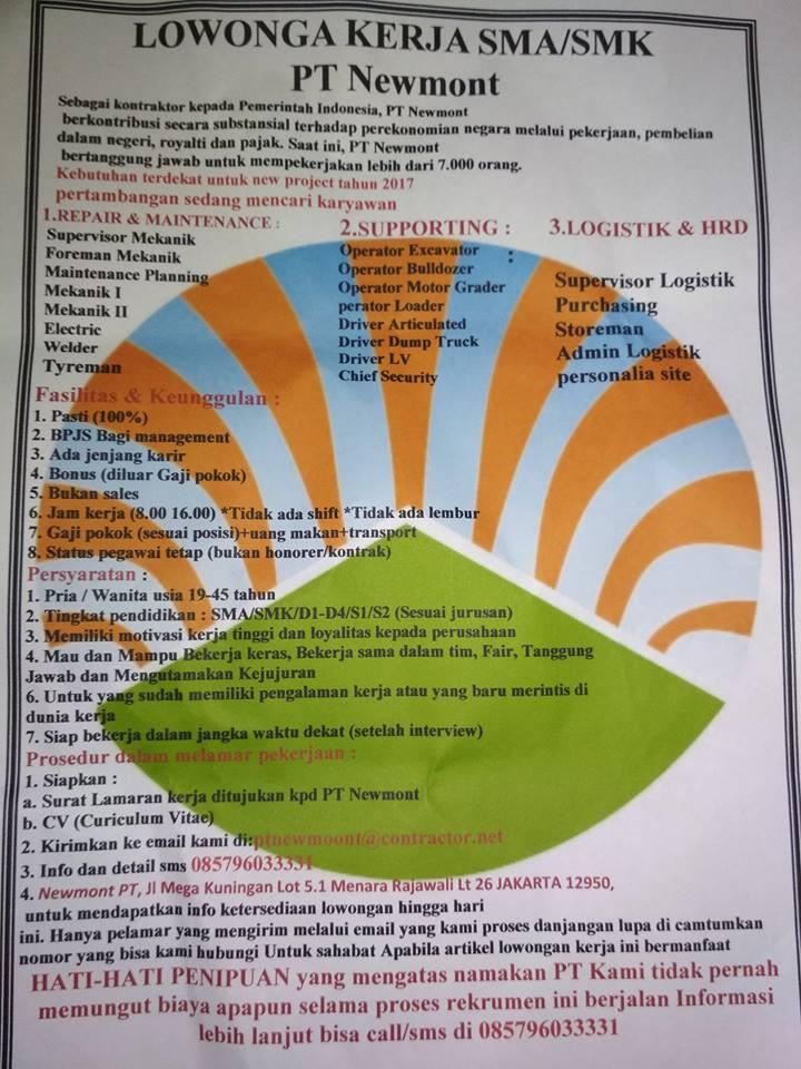 PT newmoont membuka lowongan kerja untuk anak2 mudah