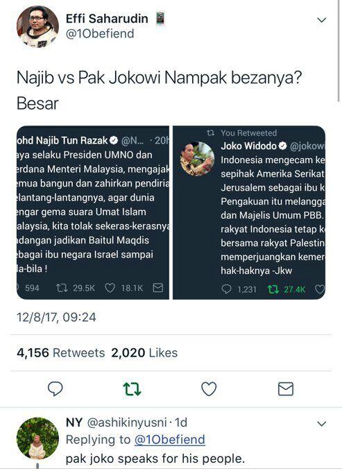 Heboh!Netter Malaysia Bandingkan Cuitan PM Najib dan Jokowi Soal Yerussalem, Ada Apa?