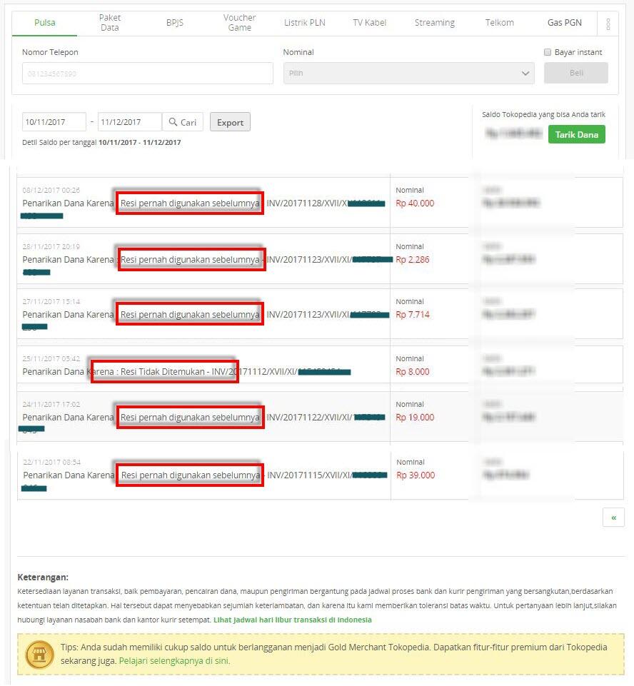 Pemotongan saldo tanpa penjelasan tanpa konfirmasi oleh Tokopedia