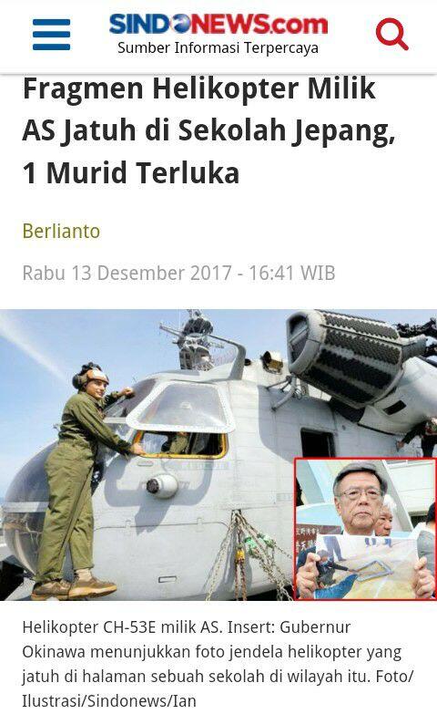 Fragmen Helikopter Milik AS Jatuh di Sekolah Jepang, 1 Murid Terluka