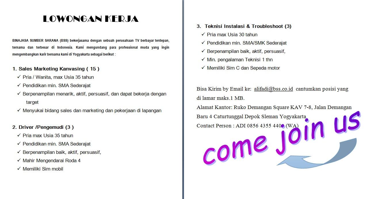 Lowongan Kerja Sales Marketing Kanvasing dan Teknisi in Binajasa Sumber Sarana (BSS)