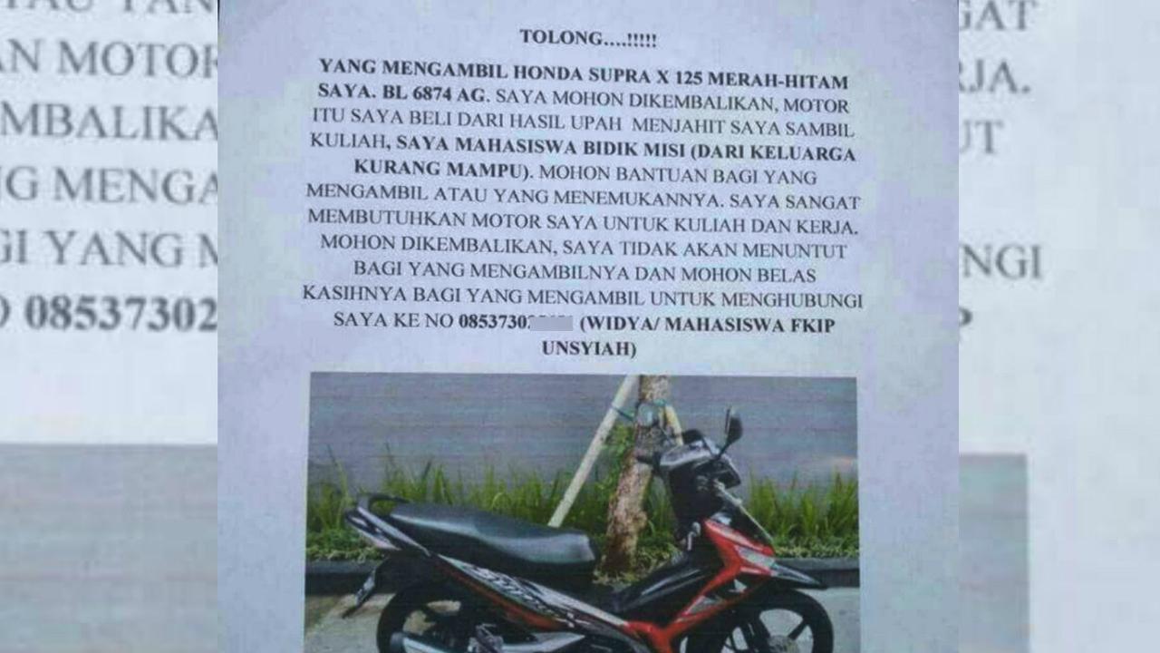 Pesan Menyentuh Mahasiswi Aceh untuk Si Pencuri Motor