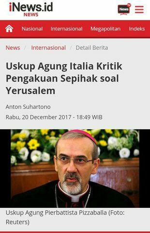 Uskup Agung Italia Kritik Pengakuan Sepihak soal Yerusalem
