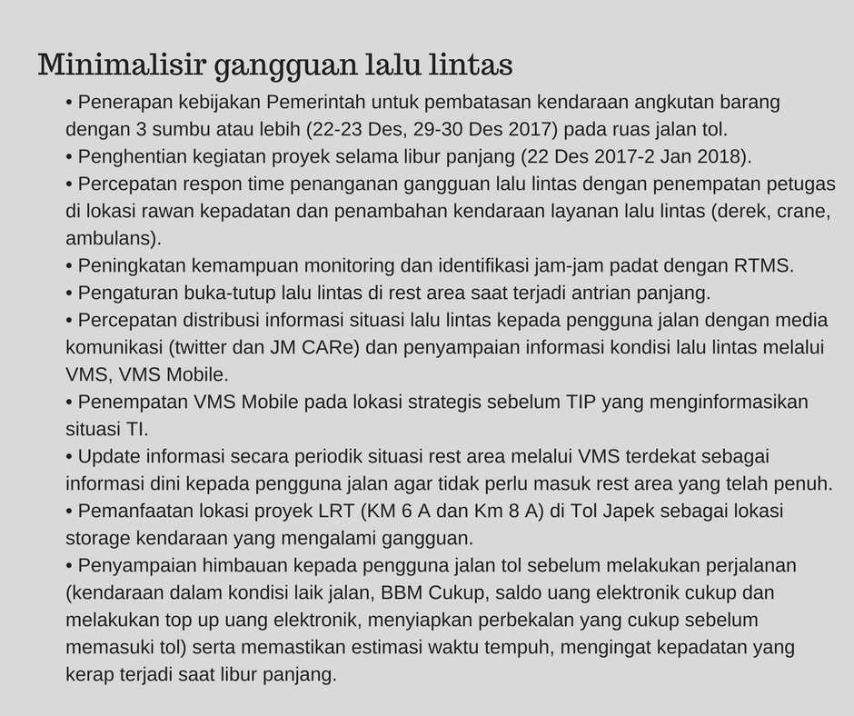 Langkah Jasa Marga Atasi Kemacetan Jelang Libur Natal dan Tahun Baru 2018