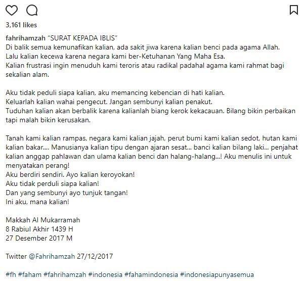  Akun Instagram Fahri Hamzah Tulis 'Surat Kepada Iblis', Ditujukan untuk Siapa?