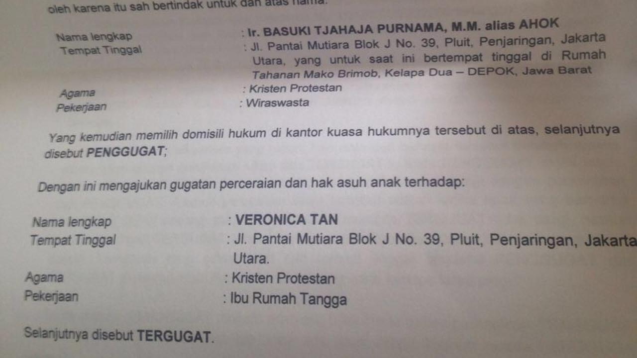 Beredar Surat Gugatan Cerai Ahok, Warganet Kaget dan Patah Hati