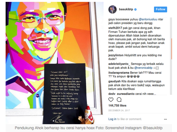Pendukung Harap Isu Ahok Gugat Cerai Hanya Hoax