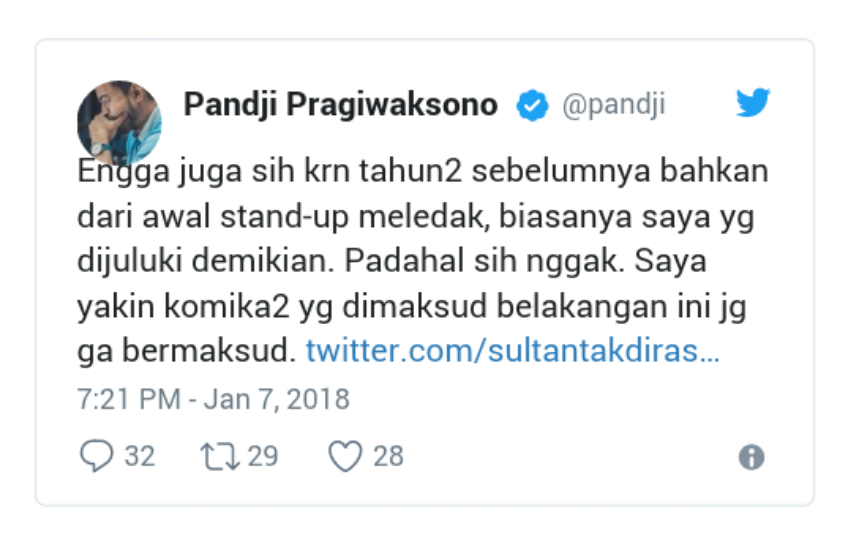 Kicauan Pandji Pragiwaksono: Enggak Ada Komika Indonesia Yang Menertawakan Agama