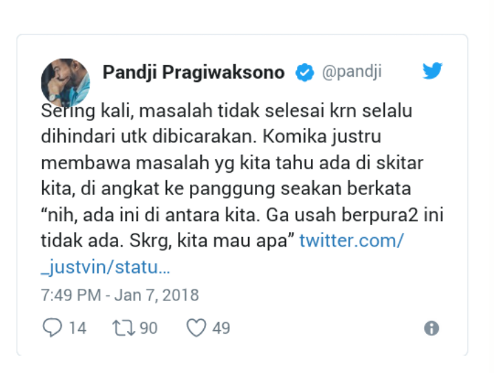 Kicauan Pandji Pragiwaksono: Enggak Ada Komika Indonesia Yang Menertawakan Agama