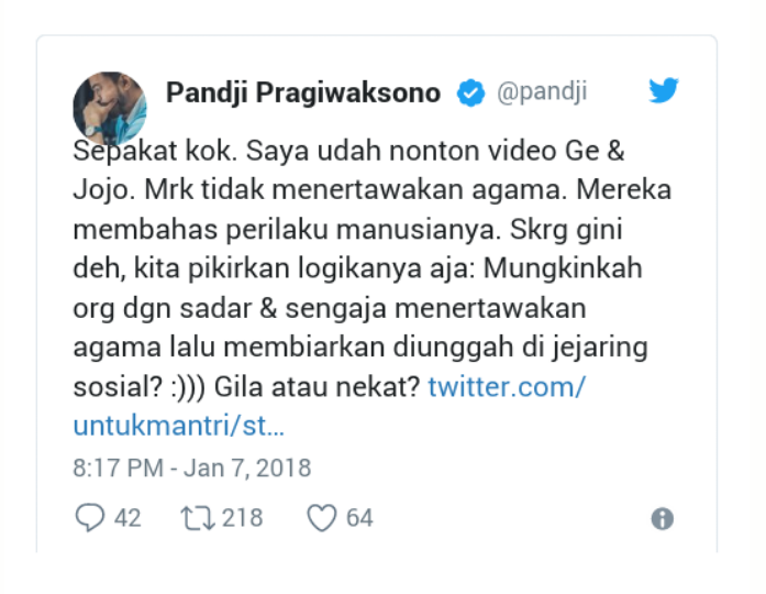 Kicauan Pandji Pragiwaksono: Enggak Ada Komika Indonesia Yang Menertawakan Agama