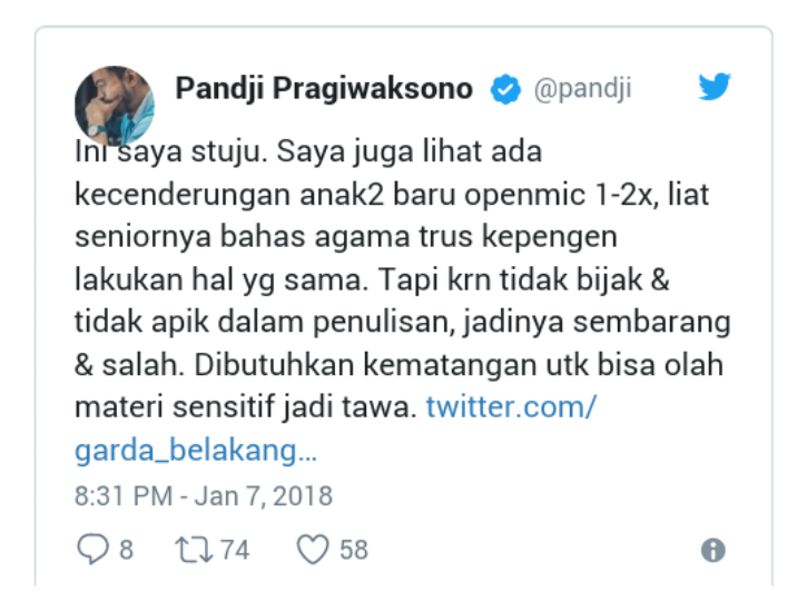 Kicauan Pandji Pragiwaksono: Enggak Ada Komika Indonesia Yang Menertawakan Agama