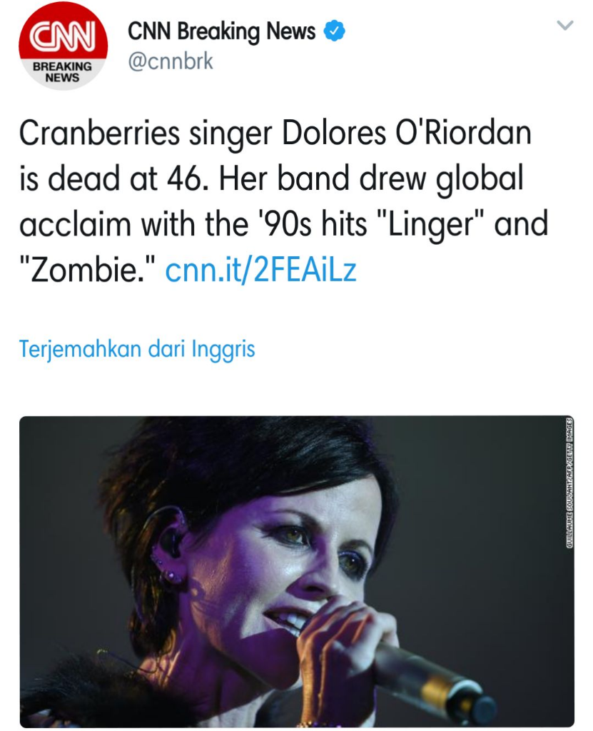 Vokalis The Cranberries Dikabarkan Meninggal Dunia