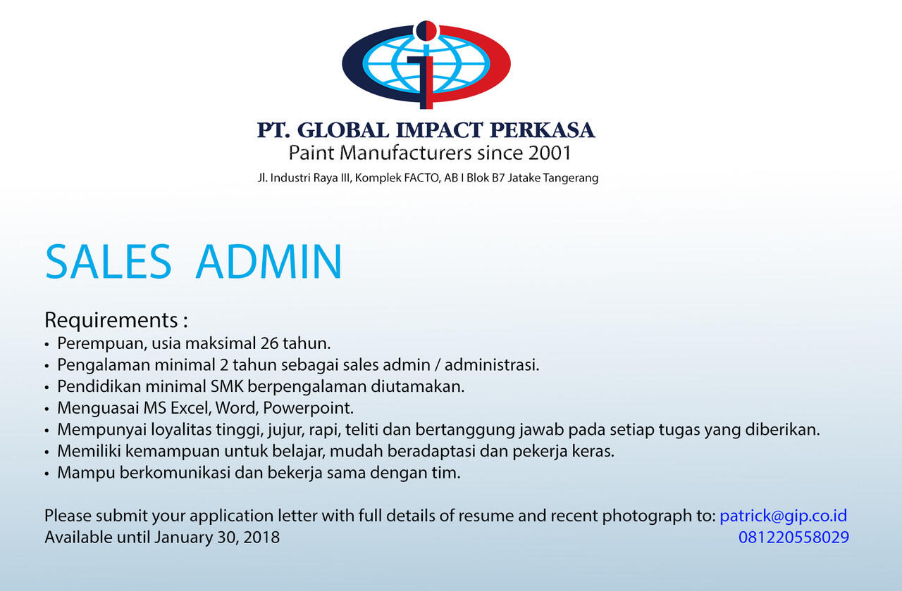 &#91;Jatake, Tangerang&#93; Lowongan Sales Admin 