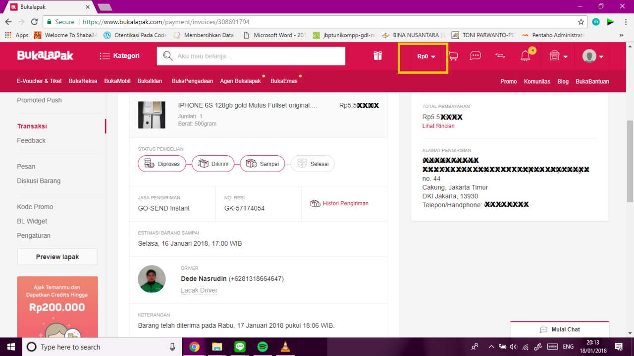 KECEWA BELI BARANG HANDPHONE DI BUKALAPAK VIA GOSEND