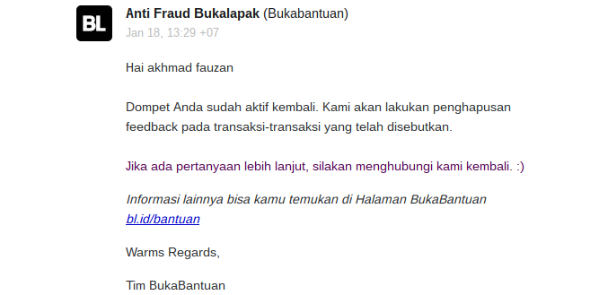 Akun BukaDompet Saya Dibekukan dengan Keterangan yang Tidak Jelas