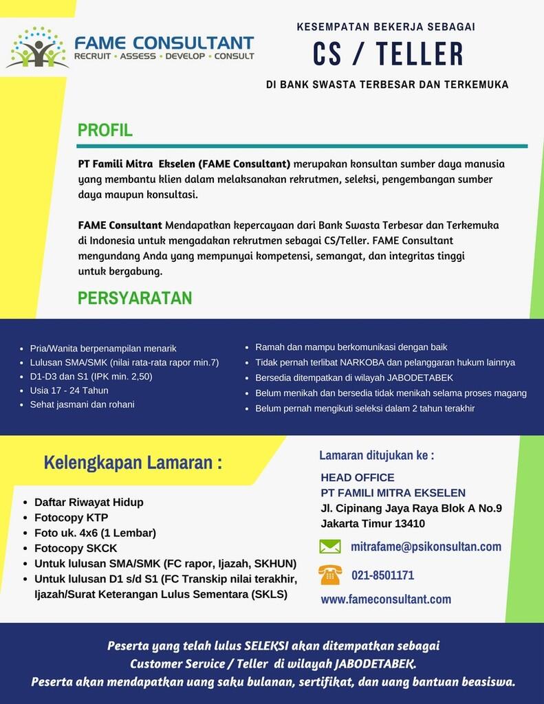Walk In Interview CS / Teller Bank Swasta Terbesar