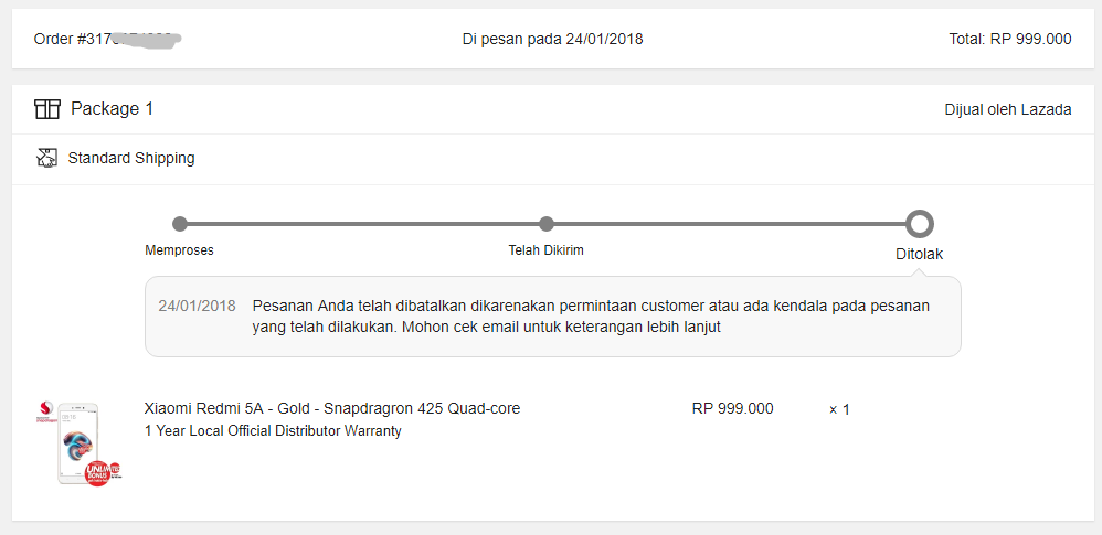 PESANAN DIBATALKAN SECARA SEPIHAL OLEH LAZADA.CO.ID