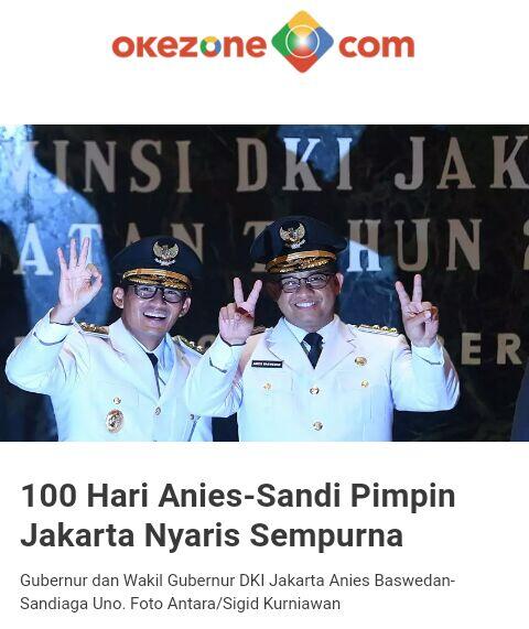 
100 Hari Anies-Sandi Pimpin Jakarta Nyaris Sempurna