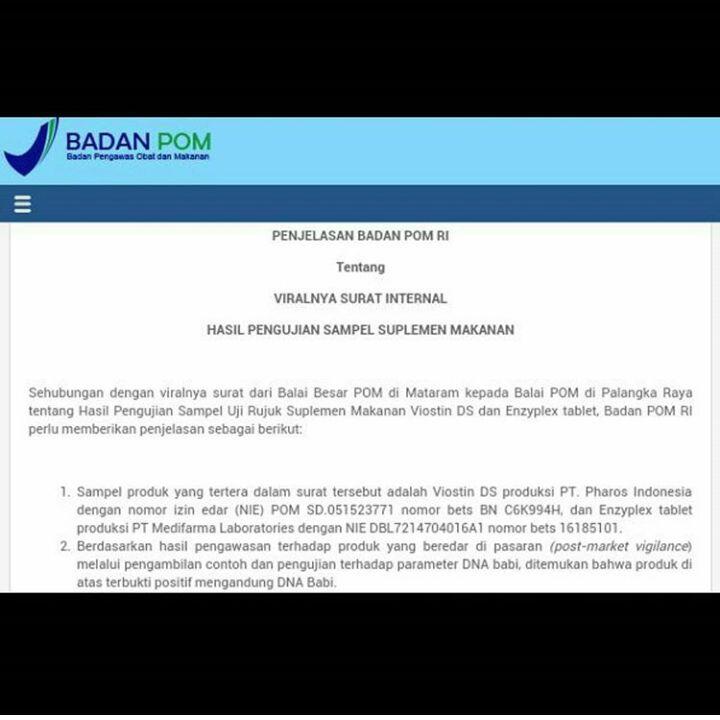 BPOM Benarkan Viostin DS dan Enzyplex Mengandung DNA Babi


