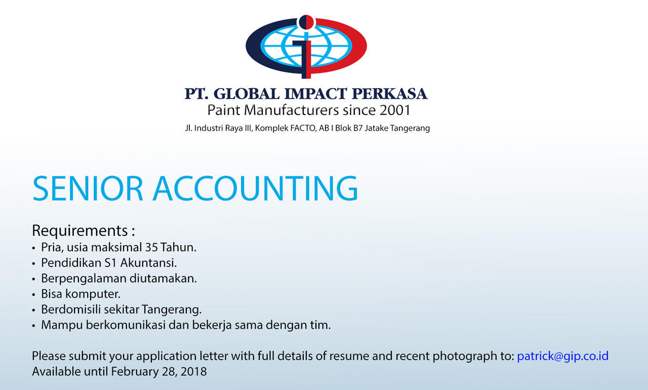 &#91;Jatake, Tangerang&#93; Lowongan Senior Accounting