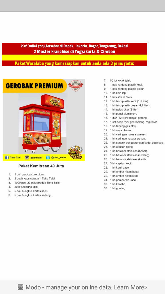 Franchise Tahu Jeletot Taisi Paling Menguntungkan