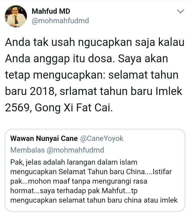 Gong Xi Fa Cai 16 Februari 2018, Tahun Baru Imlek 2569 & Twitter Mahfud MD