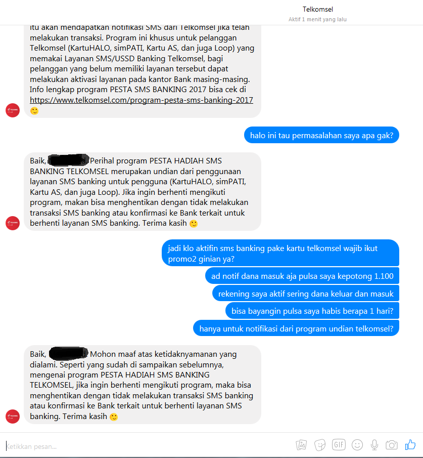 [SHARE] Notifikasi "Program Pesta SMS Banking 2017" dari Telkomsel Memotong Pulsa