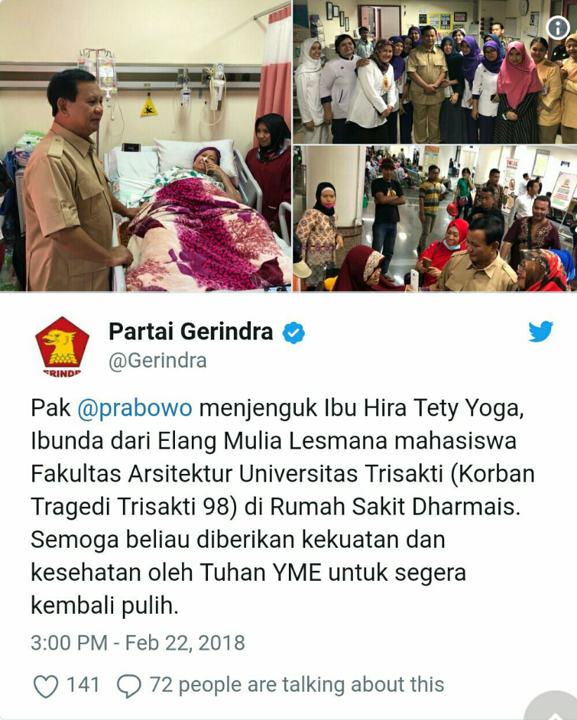 Prabowo Jenguk Ibunda Elang Korban Tragedi Trisakti