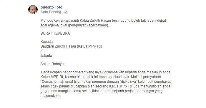 Surat Terbuka untuk Ketua MPR Soal Pengakuan Terhadap Penghayat 