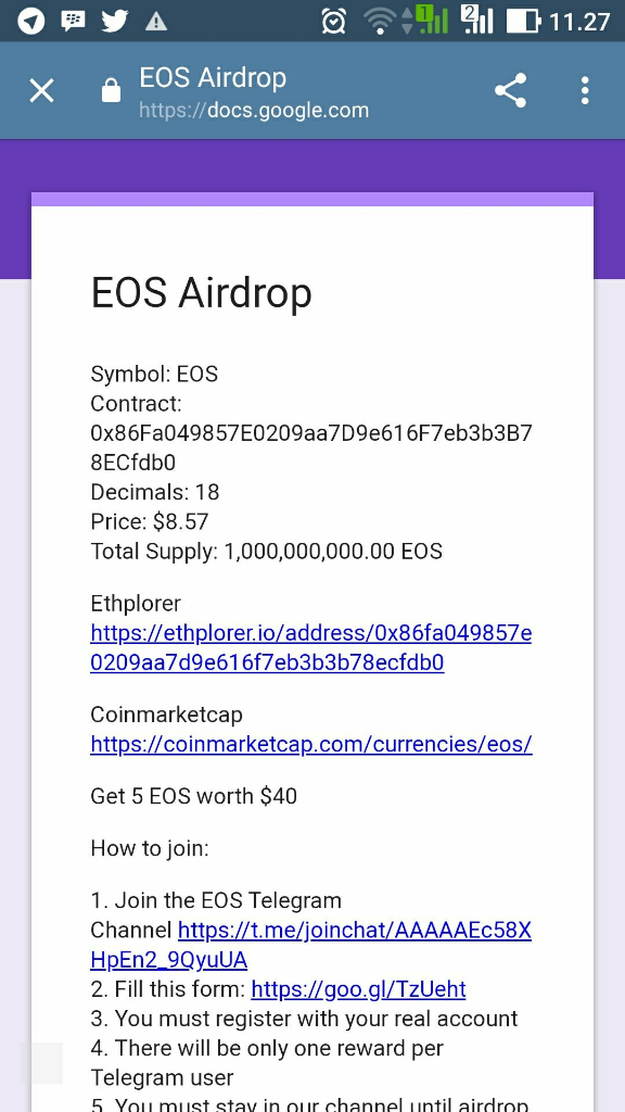 Airdrop EOS menggilaaa, Free 5 EOS = 40 $. Udah Masuk CoinMarket dan Hitbtc. 