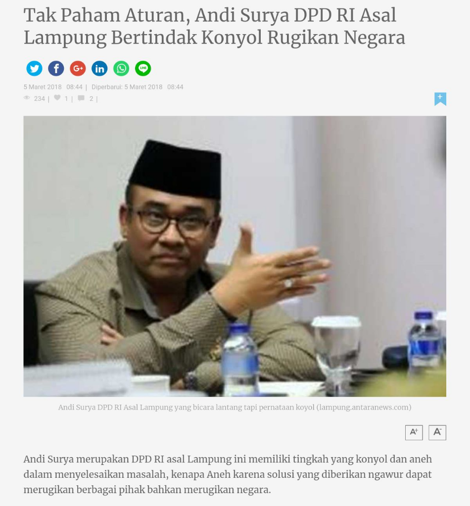 Gagal Paham DPD RI Asal Lampung Selalu Serang Perusahaan Milik Negara