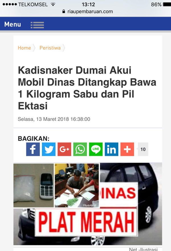 Kadisnaker Dumai Akui Mobil Dinas Ditangkap Bawa 1 Kilogram Sabu dan Pil Ektasi