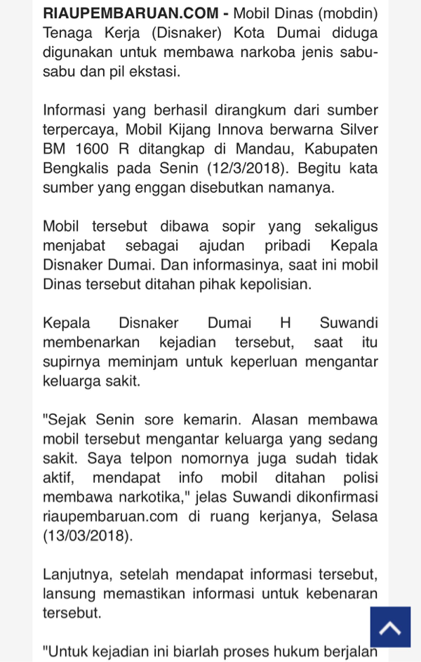 Kadisnaker Dumai Akui Mobil Dinas Ditangkap Bawa 1 Kilogram Sabu dan Pil Ektasi