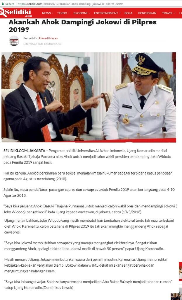 Akankah AHOK Dampingi Jokowi di Pilpres 2019?
