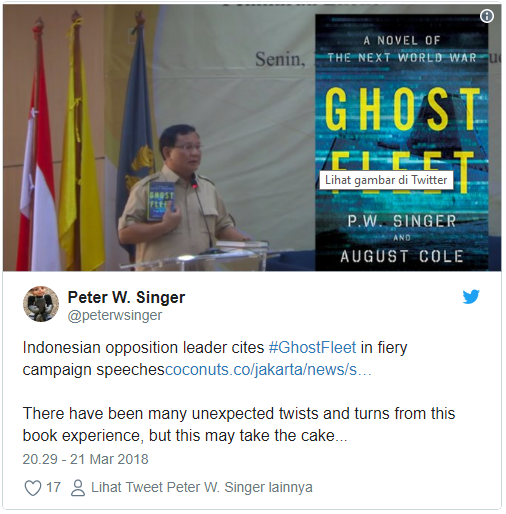  Penulis Novel 'Ghost Fleet' Posting Foto Prabowo di Twitter