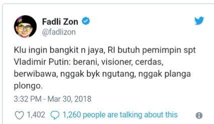 Fadli Zon: RI Butuh Pemimpin Seperti Putin, Nggak Planga Plongo

