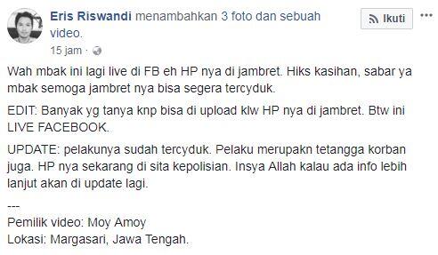 Apes banget, HP cewek ini dijambret saat lagi siaran live di Facebook