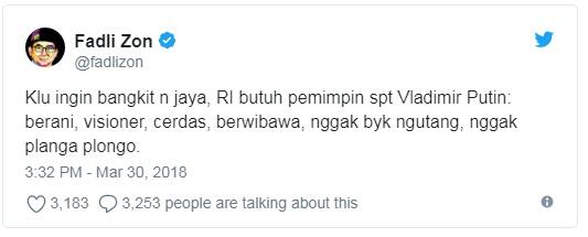 Fadli Zon: Putin itu Bisa Disingkat Prabowo Untuk Indonesia