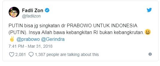 Fadli Zon: Putin itu Bisa Disingkat Prabowo Untuk Indonesia
