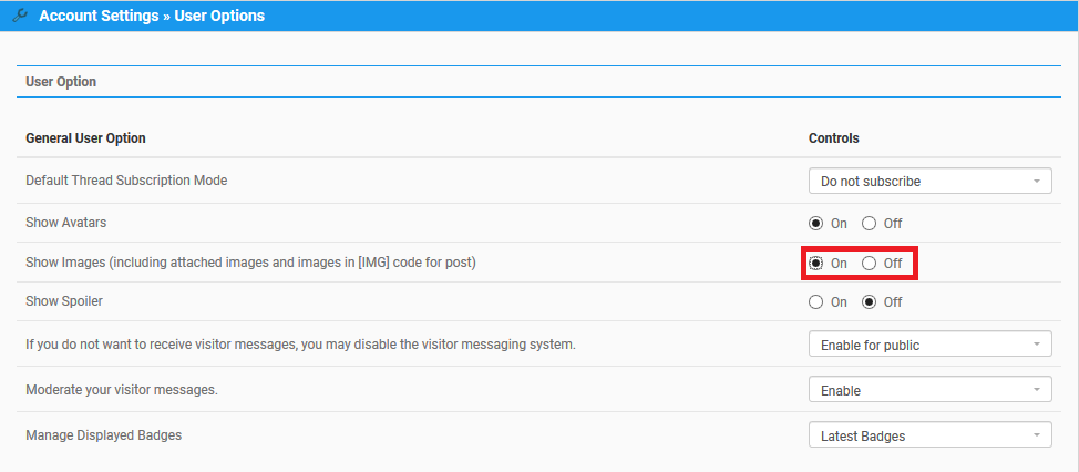 User option set. User option set