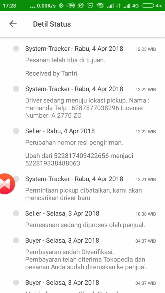 ASK, Beli barang via tokped, send via grab, barang ga nyampe.