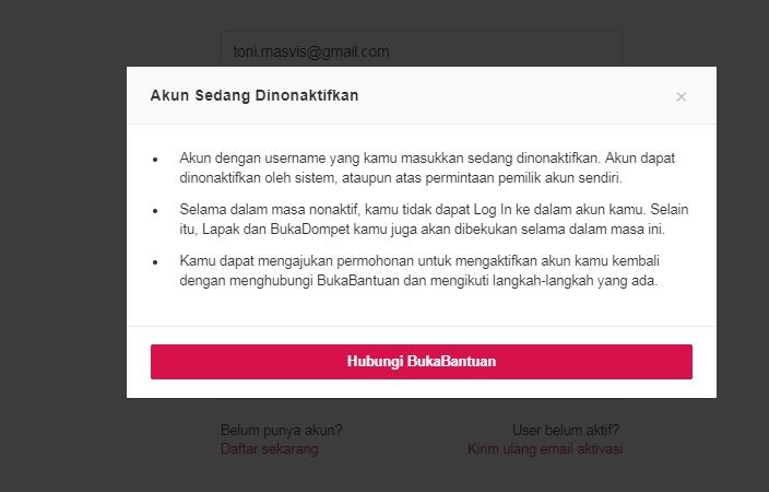 Akun belanja bukalapak saya di non aktifkan sama bukalapak