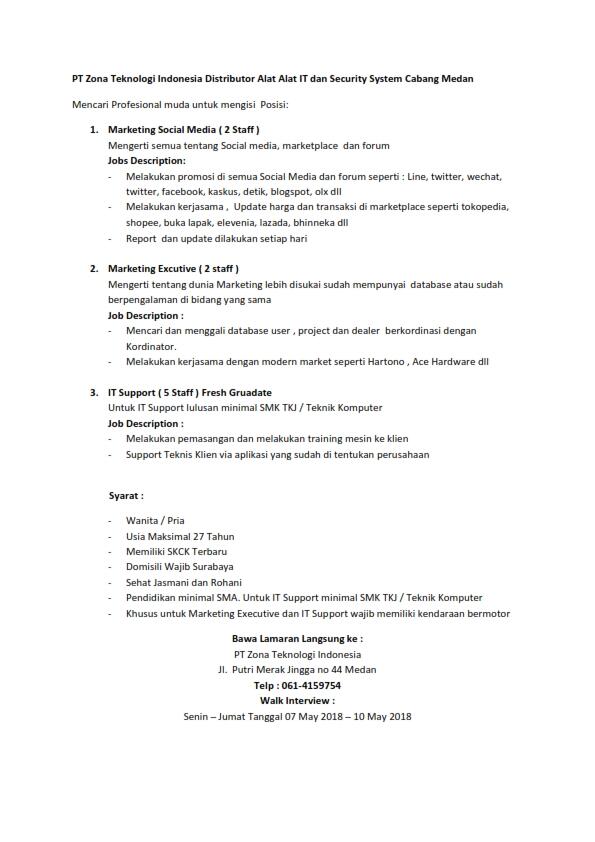 lowongan IT Support, Marketing di Sumatera Utara