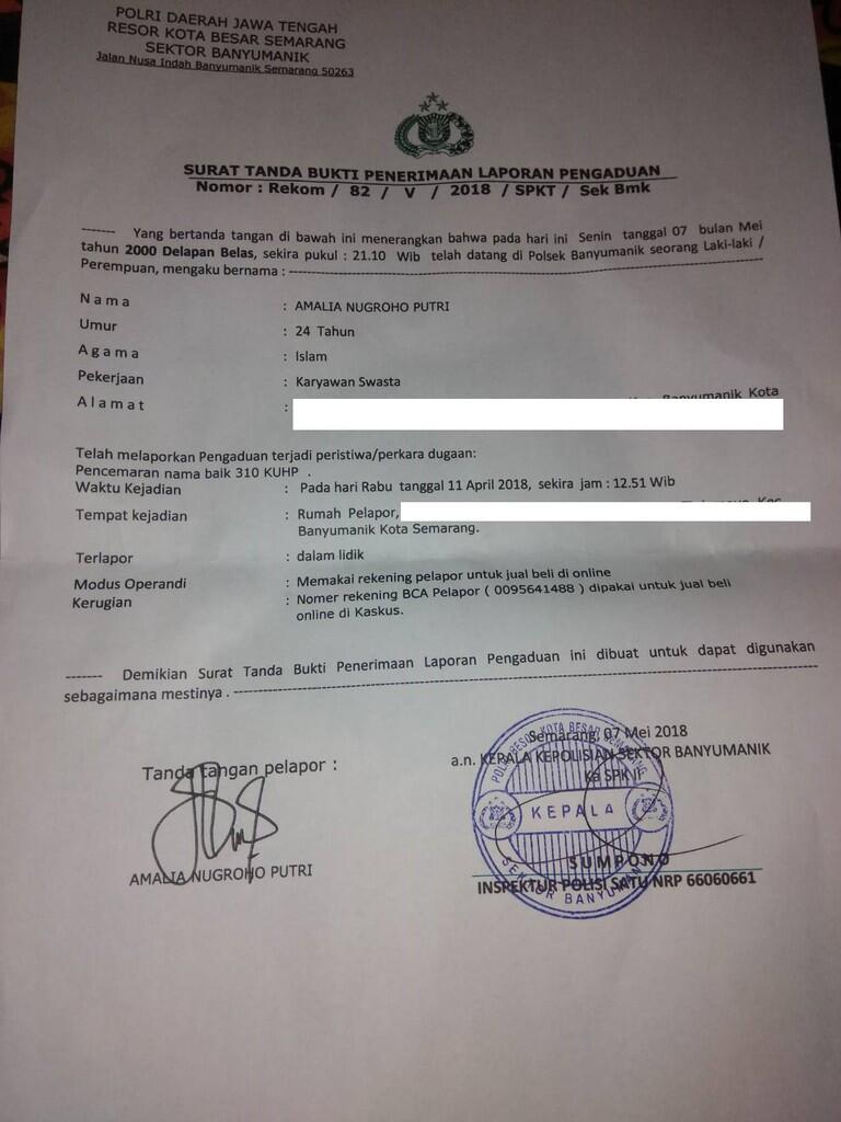 SURAT TEBUKA TERKAIT PENYALAHGUNAAN NOMOR REKENING OLEH ID aviator1989