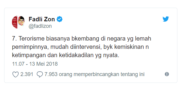 Ini Ciutan Fadli Zon tentang Terorisme, Netizen : Anda Pendukung Teroris?
