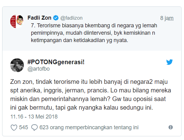Ini Ciutan Fadli Zon tentang Terorisme, Netizen : Anda Pendukung Teroris?